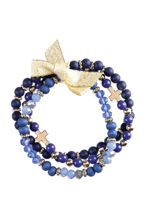 Stackable Navy & Blue Beaded Bracelet for Women Varied Blue Stone Beads with Gold Tone Accents & Cross Charms | Stretch Fit Boho Christian Jewelry