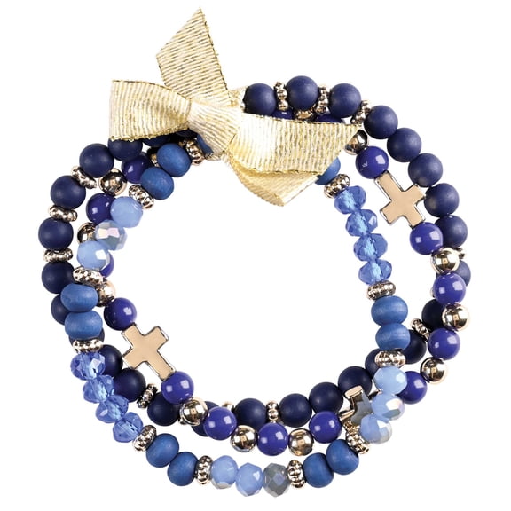Dicksons Stackable Navy & Blue Beaded Bracelet for Women Varied Blue Stone Beads with Gold Tone Accents & Cross Charms | Stretch Fit Boho Christian Jewelry