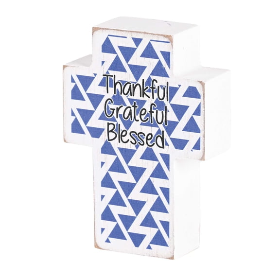 Dicksons Thankful Grateful Blessed, Blue/White 3.88 x 2.75 Inch MDF Wood Tabletop Block Cross Sign Plaque