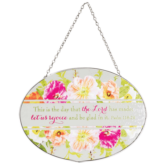 Dicksons This is Day Lord Has Made Colorful Floral 9 inch Glass Sun Catcher with Suction Cup