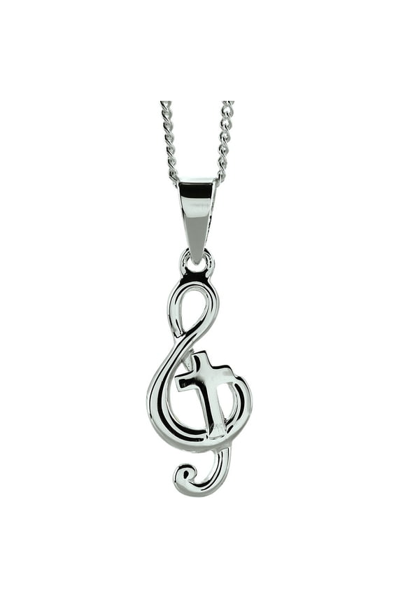 Treble Clef Music Note with Cross Sterling Silver 18-Inch Pendant Necklace