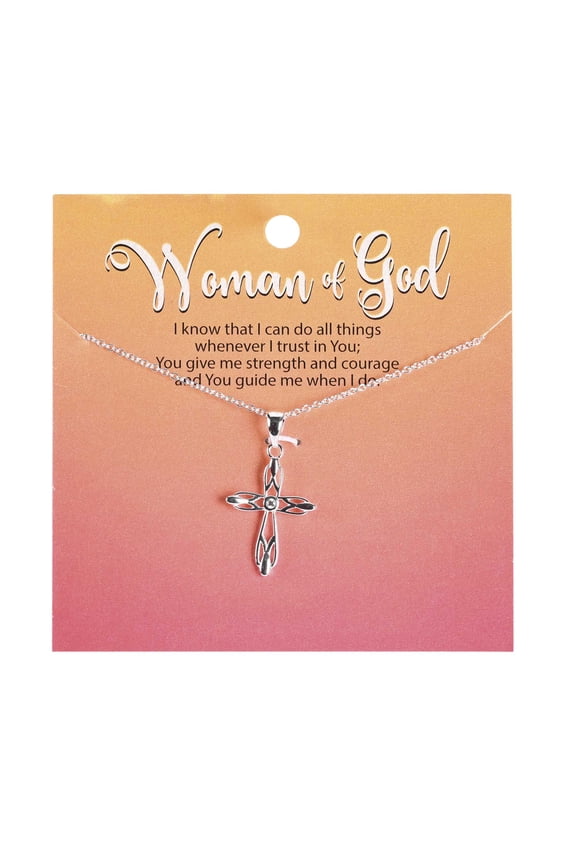 Woman of God You Give Me Strength and Courage 18 inch Silver Plated Metal Women's Open Bud Cross Pendant Necklace