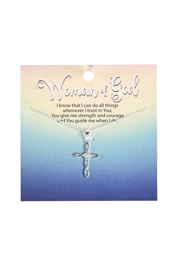 Woman of God You Give Me Strength and Courage 18 inch Silver Plated Metal Women's Open Ribbon Cross Pendant Necklace