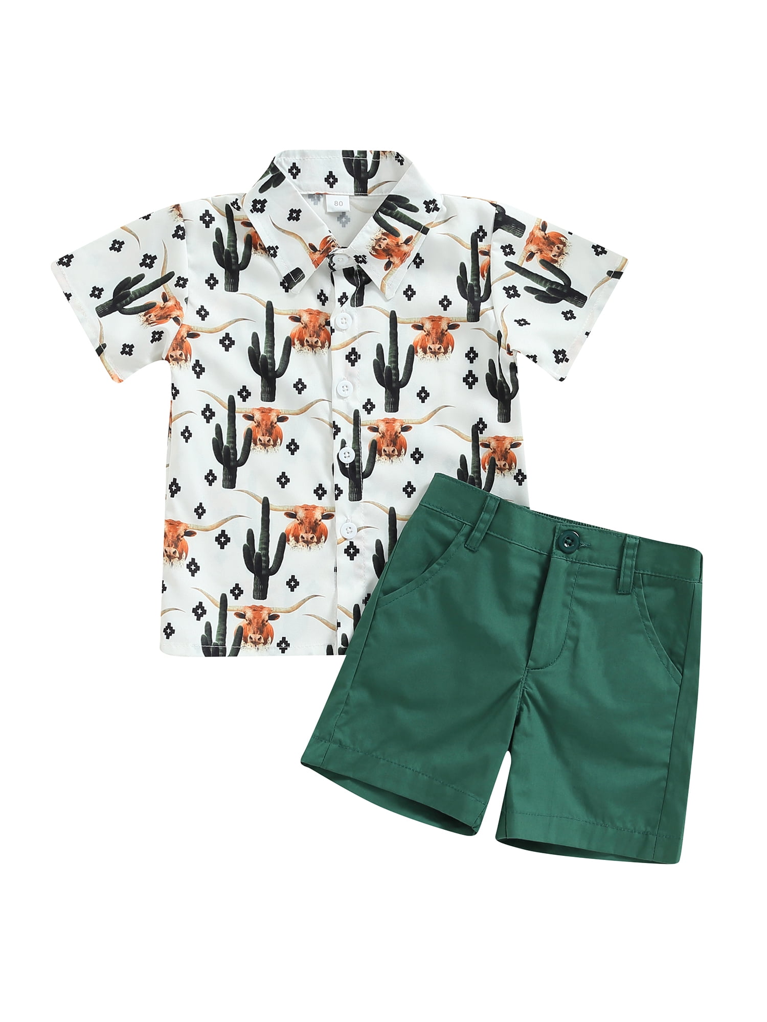 Diconna Baby Boy Cow Print Butotn Down Short Sleeve T-Shirt Tops Pants  Shorts Set Kids Gentleman Summer Outfits Dark Green 12-18 Months