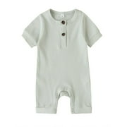 Diconna Baby Girl Boy Solid Romper Short Sleeve Jumpsuit Button Cotton Clothing