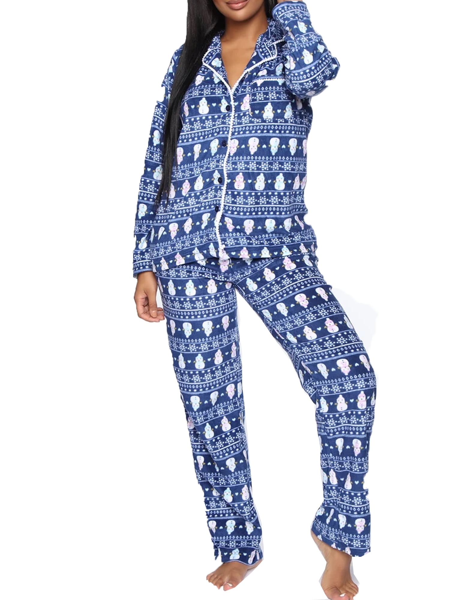 Christmas Snowman Print Pajama Set, Long Sleeve Buttons Top & Elastic  Waistband Pants, Women's Sleepwear & Loungewear