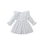 Diconna Infant Baby Girl Fall Dress Ruffle Long Sleeve Solid A-line Dresses Princess Winter Dress Clothes Outfit White 0-3 Months