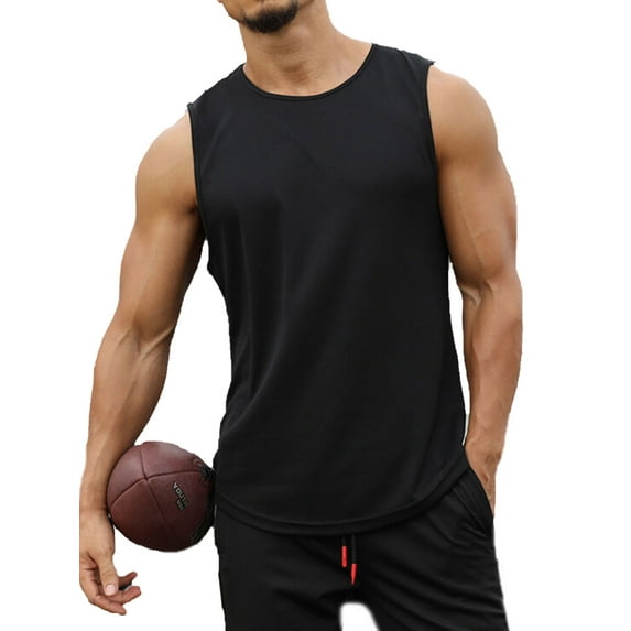 Diconna Men Sports Tank Top Summer Breathable Sleeveless Round Neck Solid Color Tops Running Fitness Tops Black XXL