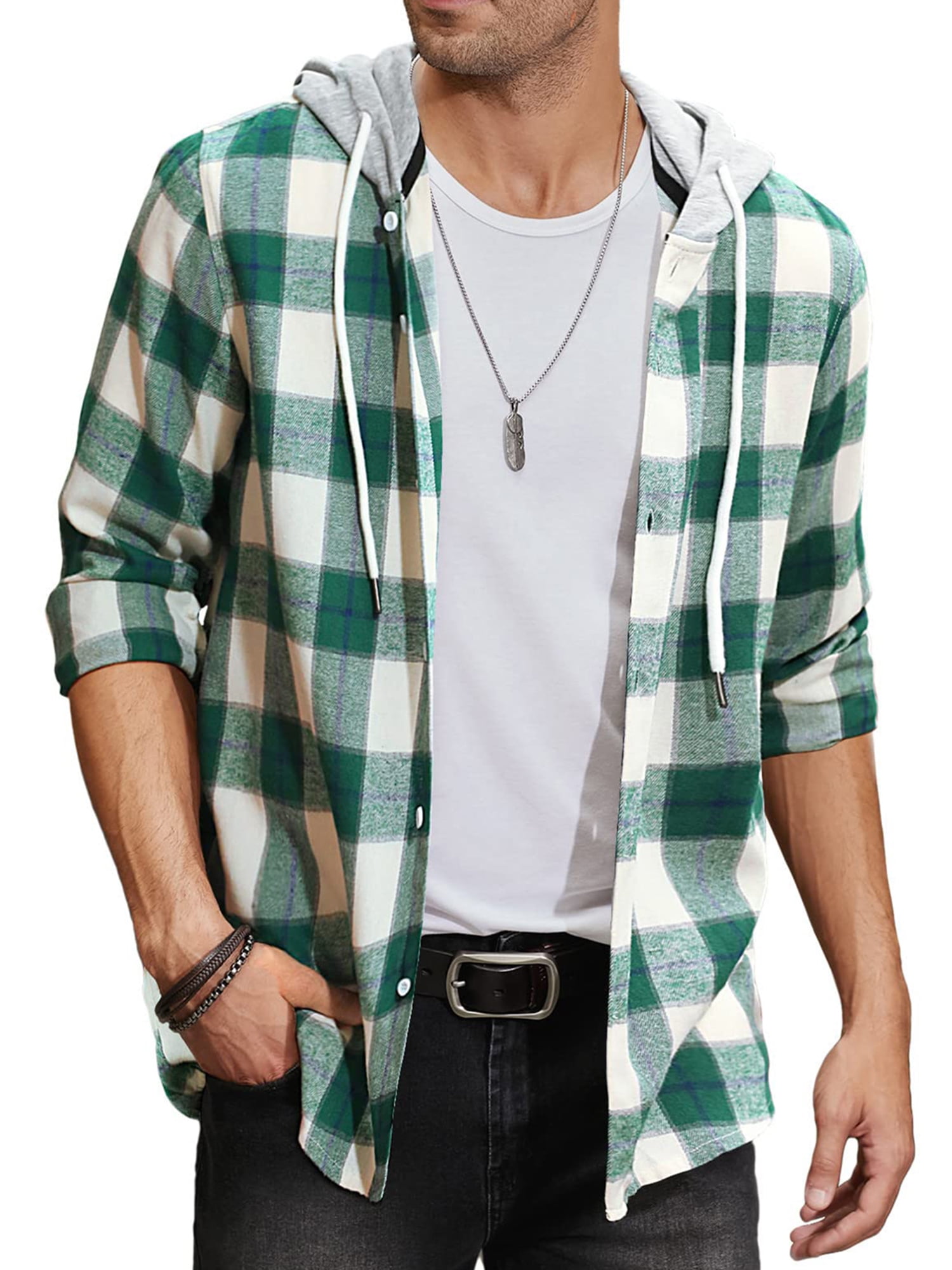 Diconna Mens Flannel Plaid Hoodie Shirts Jacket Regular Fit Long Sleeve  Casual Button Down Lightweight Shirt Green XXL
