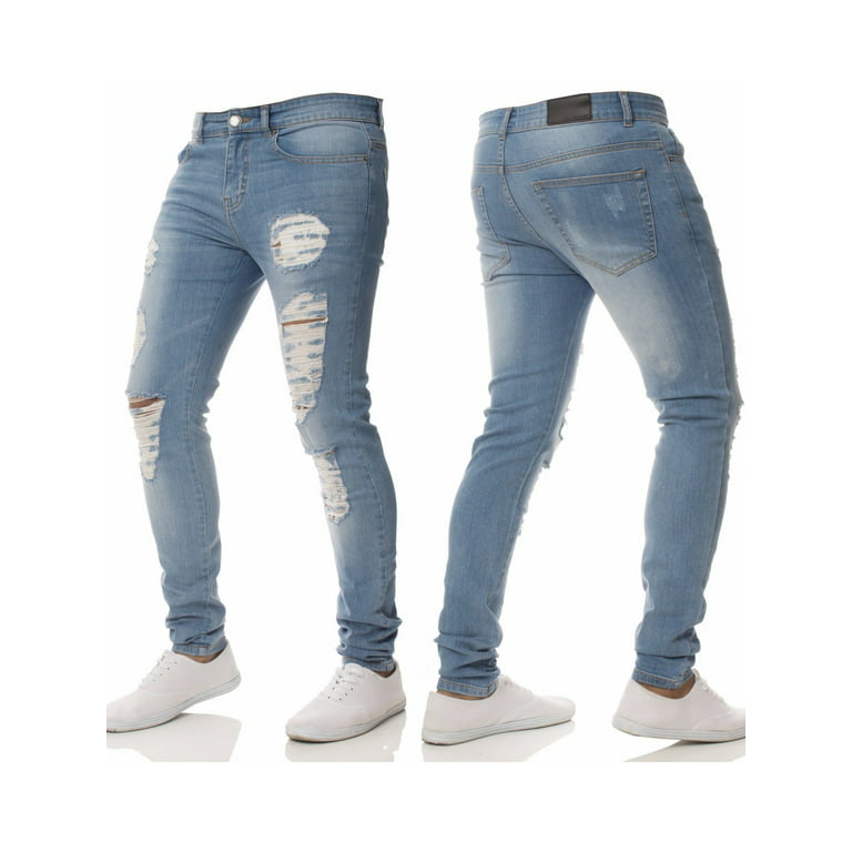 Diconna Mens Skinny Jeans Stretch Slim Fit Distressed Ripped Tapered Leg  Denim Pants Blue XL