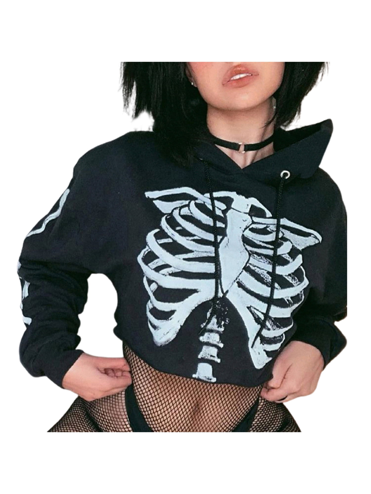 Diconna Skeleton Zip Up Hoodie Women Y2k Cool Girl Casual Gothic E Girl Long Sleeve Slim Fit