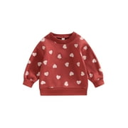 Diconna Toddler Baby Girl Boy Valentines Day Outfit Long Sleeve Heart Print Sweatshirt Shirt Pullover Top Clothes Brick Red 3-4 Years