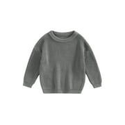 Diconna Toddler Kids Baby Girls Boys Round Neck Sweaters Long Sleeve Solid Color Loose Knitted Pullovers Grey 9-12 Months