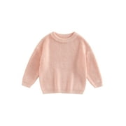 Diconna Toddler Kids Baby Girls Boys Round Neck Sweaters Long Sleeve Solid Color Loose Knitted Pullovers Pink 18-24 Months