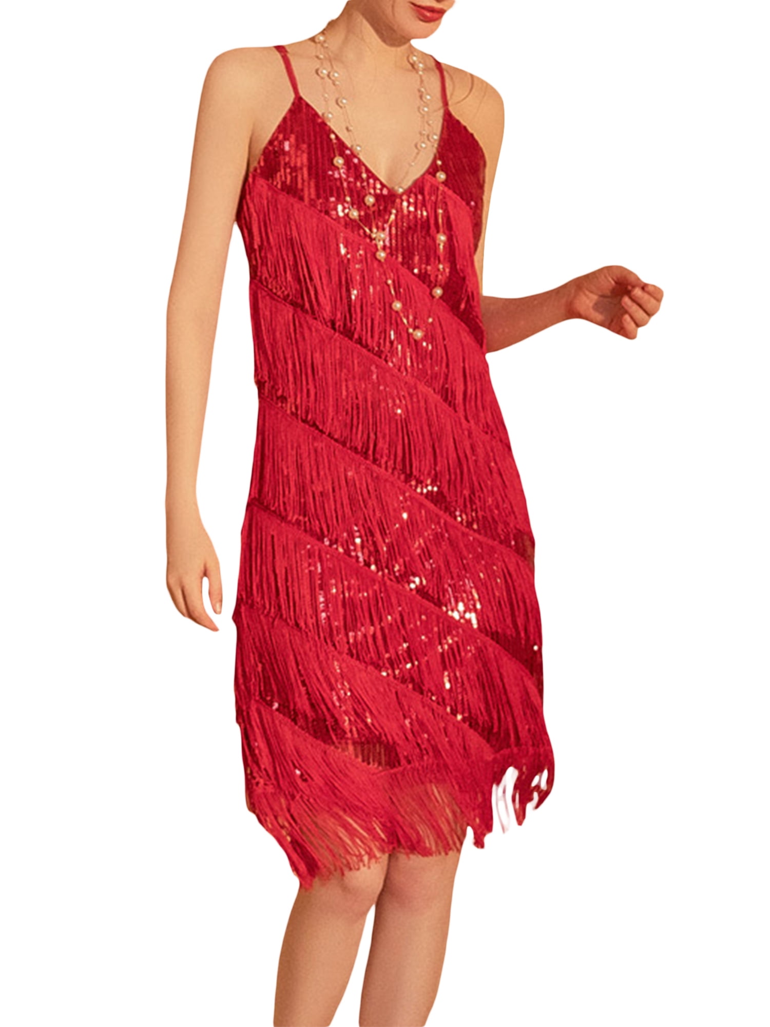 Diconna Women Sleeveless Sequin Tassel Dress Sparkly Glitter Fringed