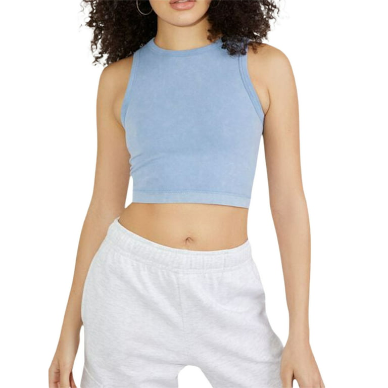 Diconna Women Solid Color Tank Tops Crew Neck Sleeveless Vests Summer Slim  Fit Exposed Navel Crop Tops Streetwear Blue S 