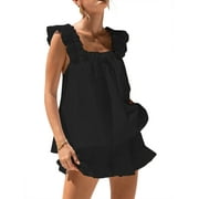 Diconna Women Summer Sets Shorts 2 Piece Pajamas Sets Cap Sleeve Crop Tank Top Ruffle Short Pants Loose Sleepwear Black M