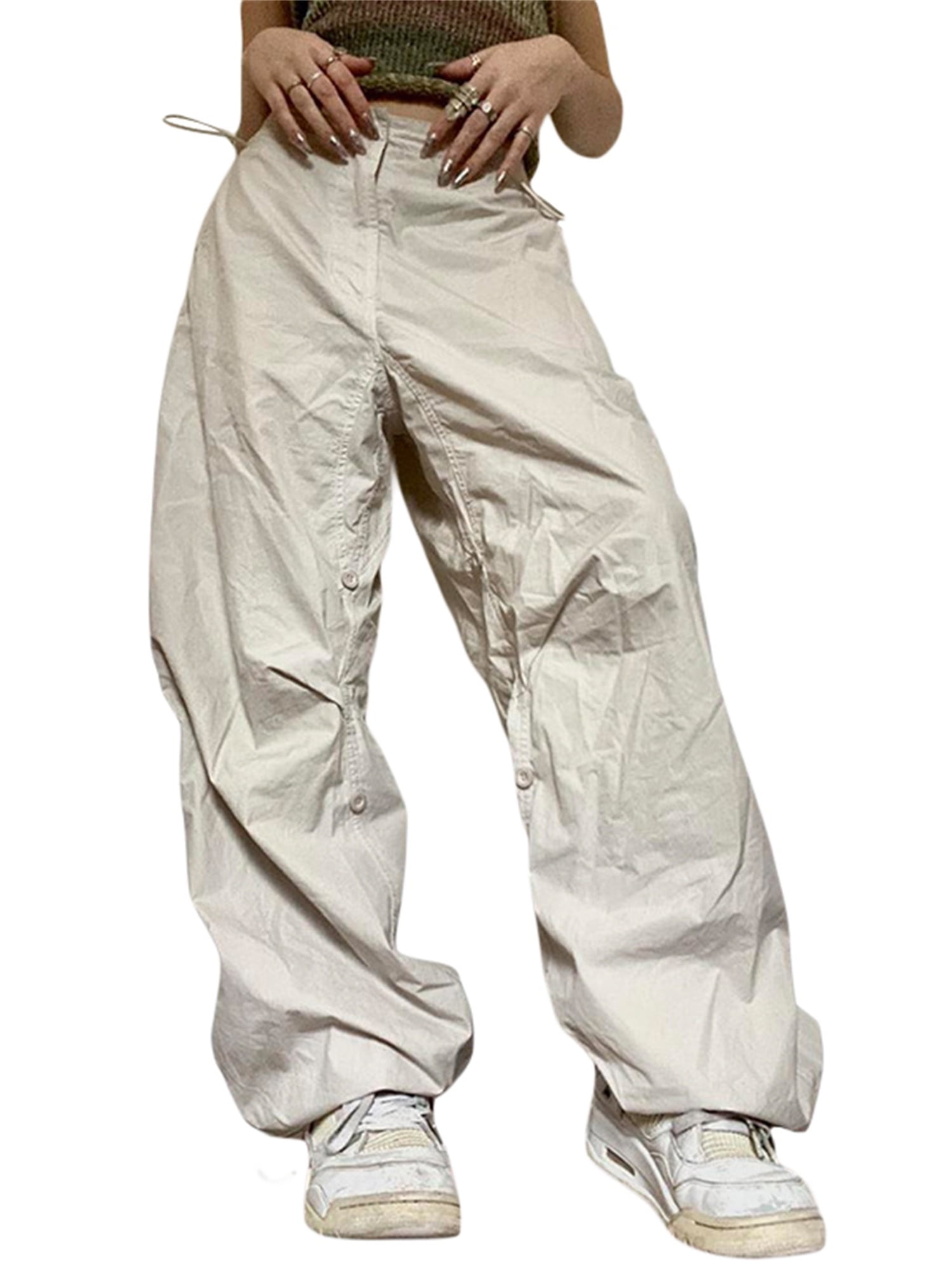 Diconna Women 's Baggy Cargo Pants Y2K Drawstring Parachute Pants Hip Hop  Sweatpants Hippie Joggers Wide Leg Trousers Skin Color L