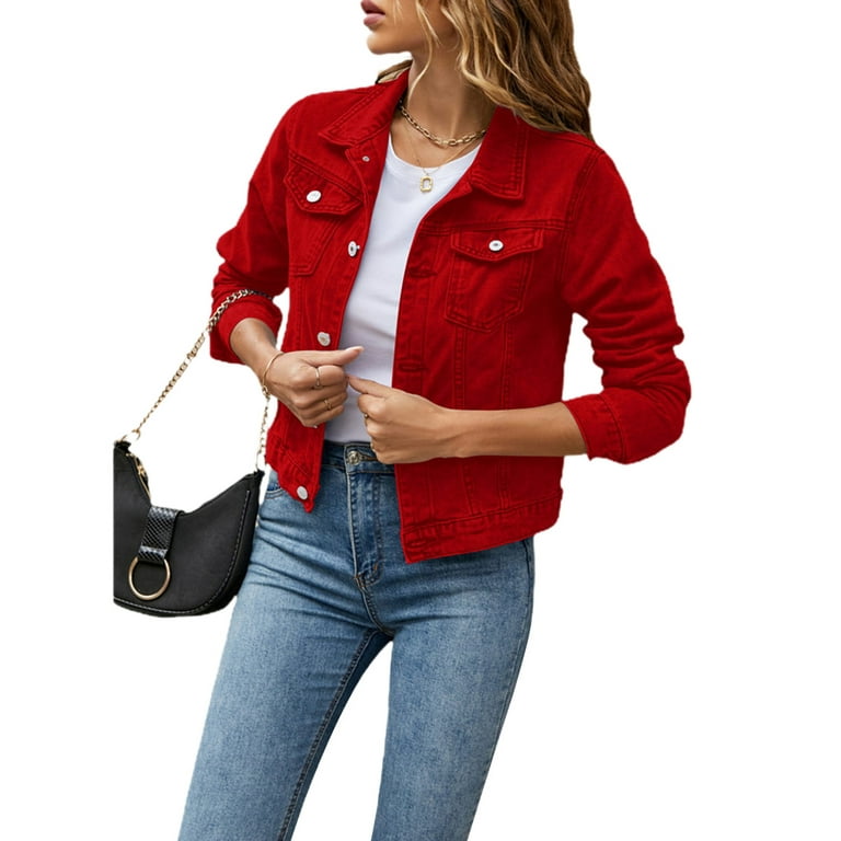 Red jean jacket womens sale