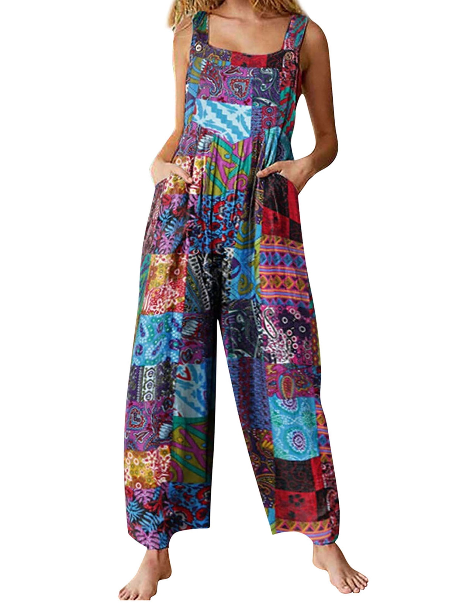 Vintage Ethnic Style S-4XL Women Casual Floral Rompers Loose Boho Casual  Jumpsuits Sleeveless Print Strappy Jumpsuit 2022 New