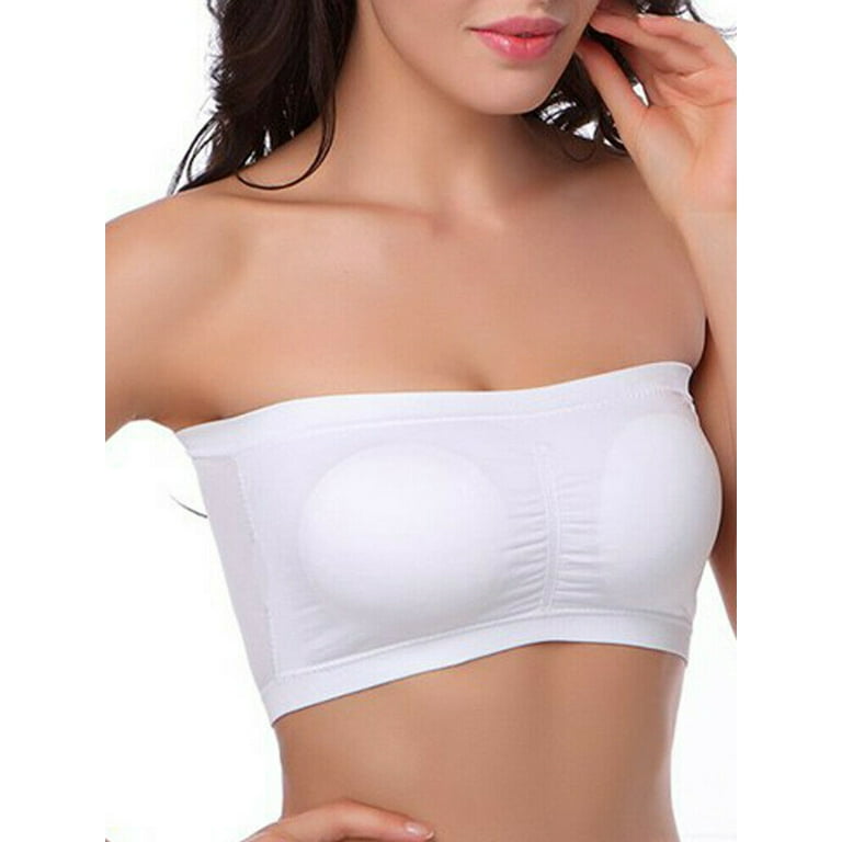 Diconna Women's Padded Strapless Bra Basic Wire-Free Summer Seamless  Bandeau Tube Top Bra White XL