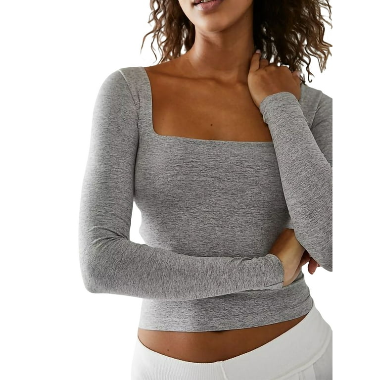 Diconna Women's Slim Fit Going Out Crop Tops Seamless Long Sleeve Square  Neck Casual Solid Tee Shirts Yoga Streetwear Gray S 