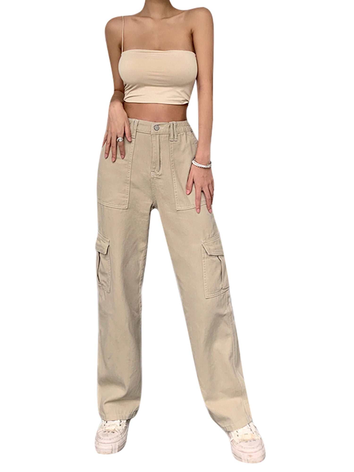 Diconna Women's Solid Color Cargo Pants High Waist Straight-leg Buckle  Jeans with Pockets Female Trousers Outfits Streetwear Khaki M