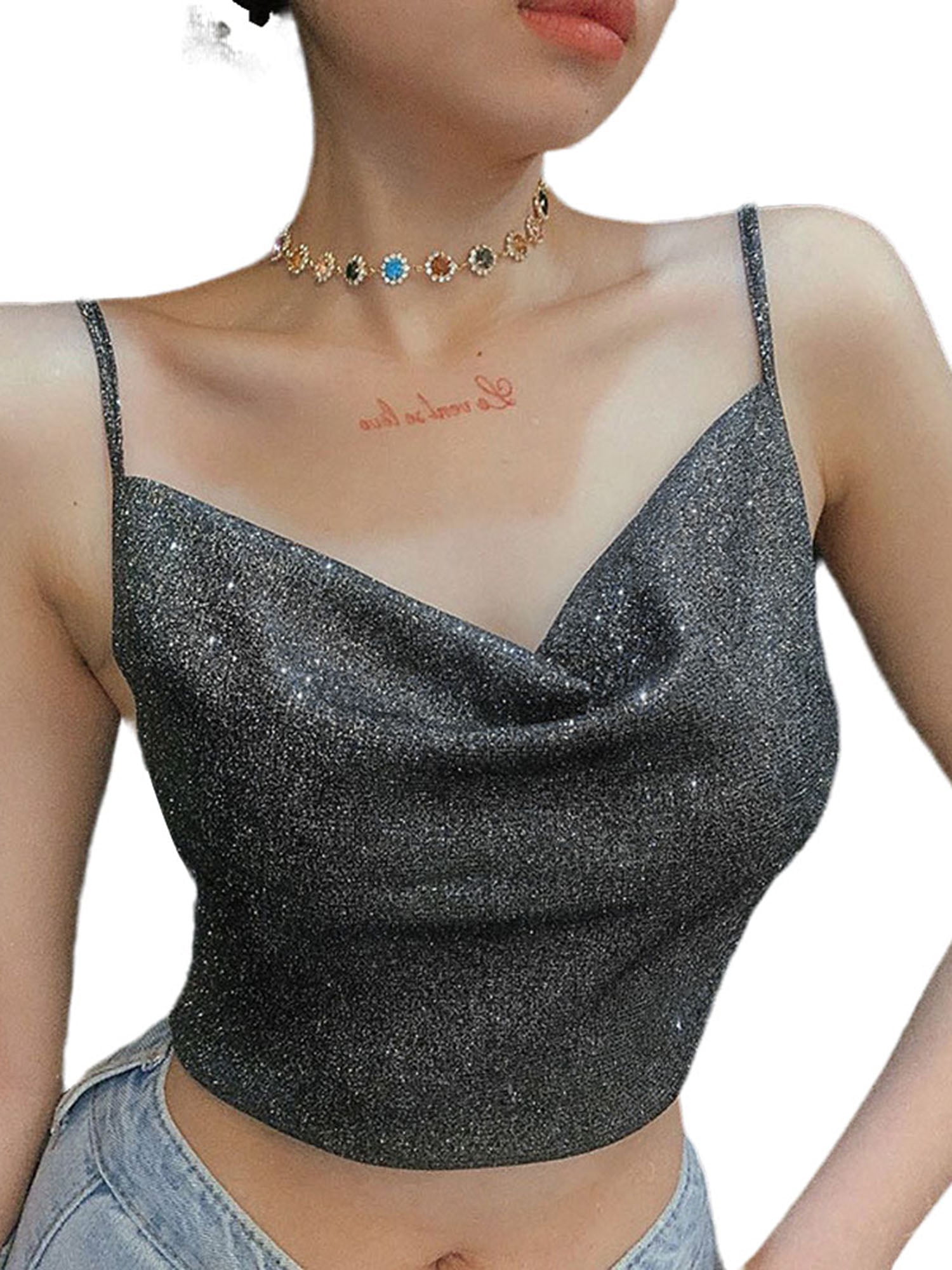 Diconna Womens Sequin V-Neck Tank Tops Shimmer Glitter Crop Top