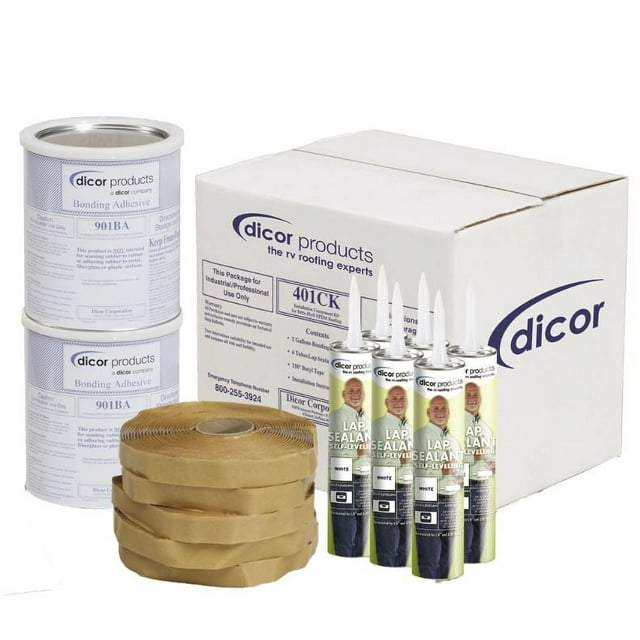Dicor 401-CK-D RV Rubber Roof Kit - Bonding Adhesive, RV, Trailer, Motorhome Repair Butyl Tape, Lap Sealant Included, Dove (Bright White)