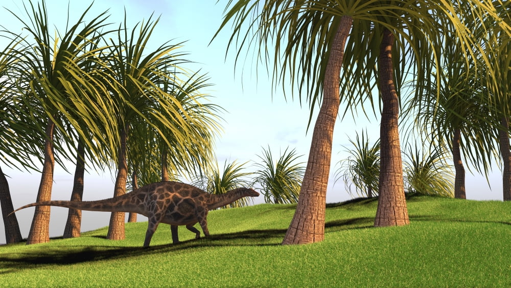 Dicraeosaurus walking across a field Canvas Art - Kostyantyn IvanyshenStocktrek Images (19 x 11)