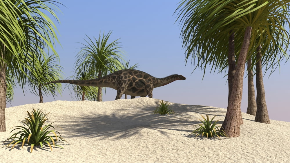 Dicraeosaurus walking in a tropical environment Canvas Art - Kostyantyn IvanyshenStocktrek Images (38 x 22)