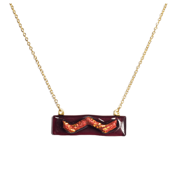 Dicrhoic Red Wave on Crimson Fused Glass Bar Necklace