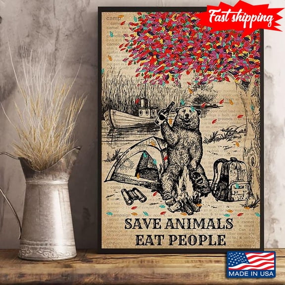 Dictionary Theme Camping Bear And Colourful Tree Save Animals Eat People 16 x 24 Inch Poster