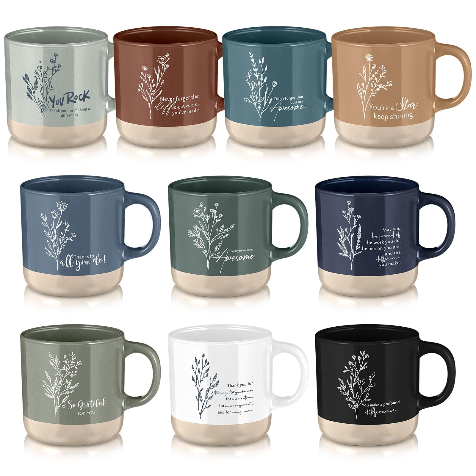 10 Pcs Motivational Coffee Mugs Set For Team Gifts - Employee Appreciation, Christmas, Thank You - Cork Bottom, Ceramic