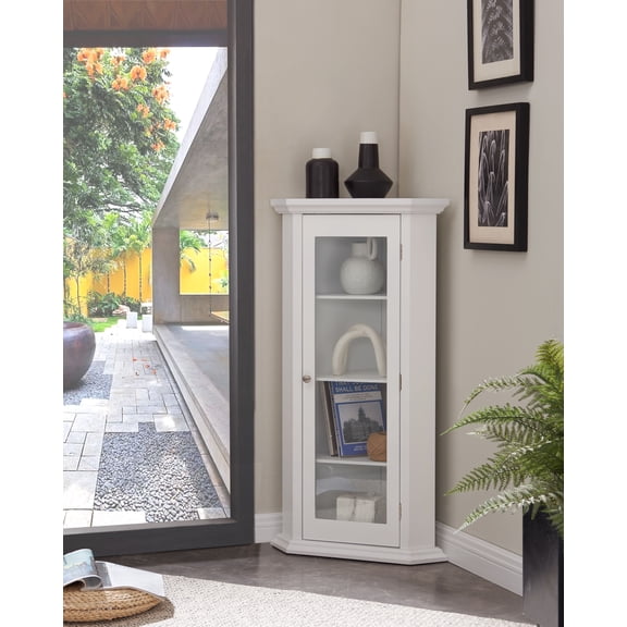 Kings Brand Furniture Corner Curio Storage Cabinet with Glass Door, Corner Display Cabinet with 4 Shelves, Wooden Accent Cabinet for Living Room, Dining Room, Entryway & Home Office, White