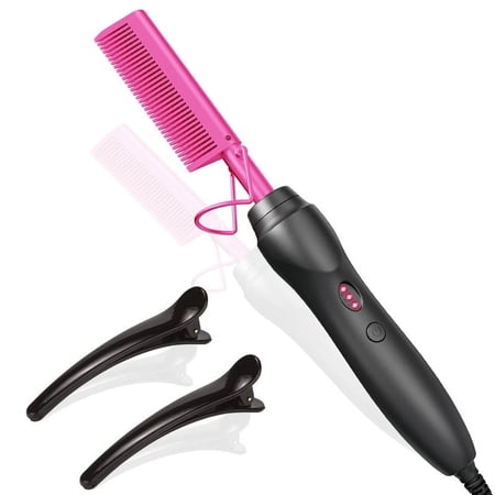 Didasea Hot Comb Hair Straightener Heat Pressing Combs Ceramic Electric Hair Straightening Comb , Curling Iron for Natural Black Hair Holiday Gift Pink - 3 In1