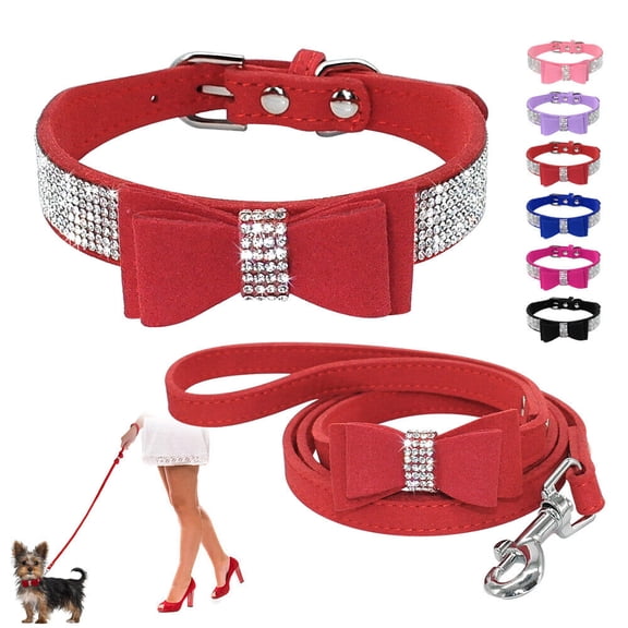 Didog Bling Bowknot Suede Leather Rhinestone Dog Collar and Leash for Boy Girl Dogs