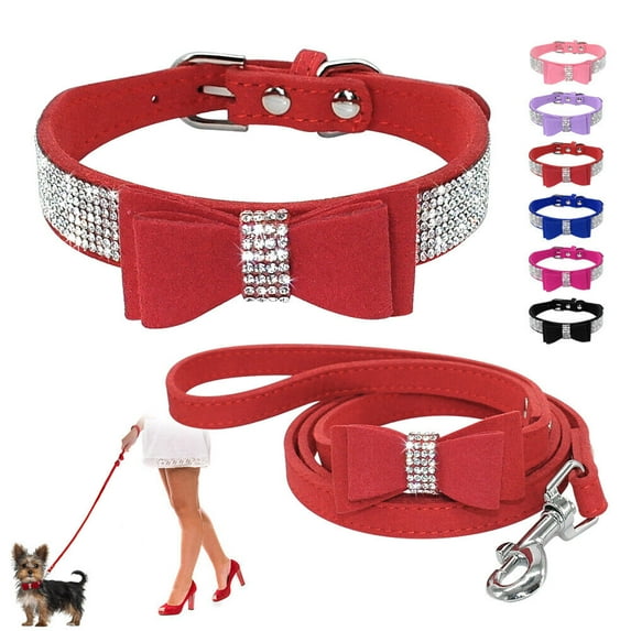 Didog Bling Bowknot Suede Leather Rhinestone Dog Collar and Leash for Boy Girl Dogs