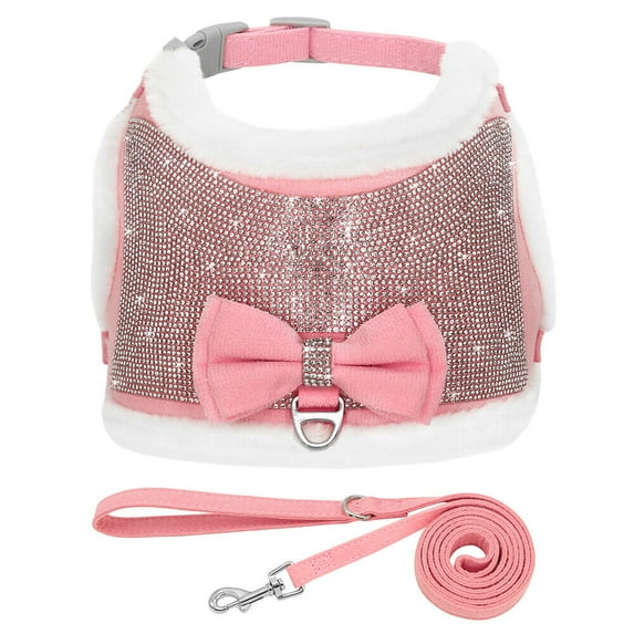 Didog Bling Diamante Rhinestones Puppy Harness for Small Dogs Warm Suede Fleece Lined Vest for Pet Cat with Cute Bowtie