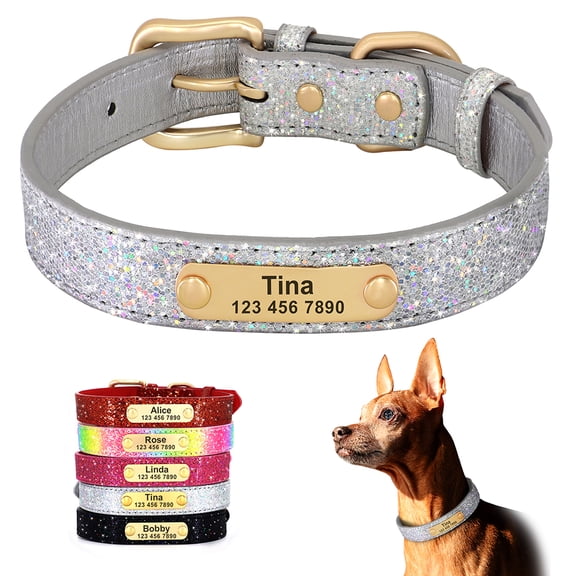 Didog Bling Leather Dog Collar Personalized Custom Puppy Cat Pet Name Number Engraved
