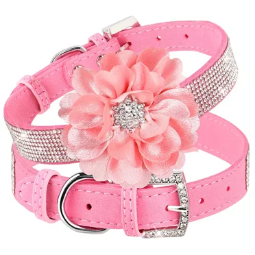 Didog Bling Rhinestone Dog Collar with Flower Suede Leather Cute Cat Puppy Collars S M L