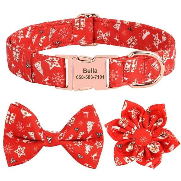 Didog Custom Plaid Dog Collar Bow Tie & Flower Removable Christmas Adjustable Labrador