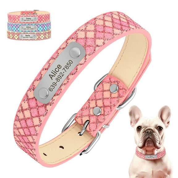 Didog Customised Bling Glitter Dog Collar Personalised Pet Name & Number Soft Leather