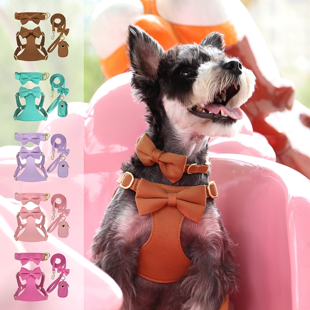 Didog Cute Small Dog Vest Harness & Collar & Leash & Poo Bag Holder set for Puppy Cats Pet Yorkie