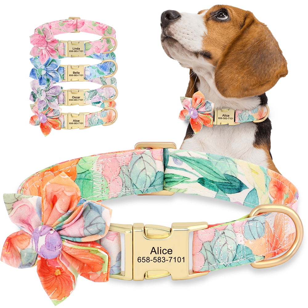 Didog Floral Nylon Personalised Dog Collar Custom Metal Buckle ...