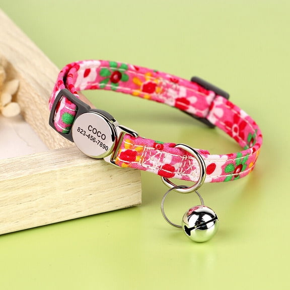 Didog Floral Personalized Cat Kitten Collar & Bell Engraved Name ID Tag for Small Dogs