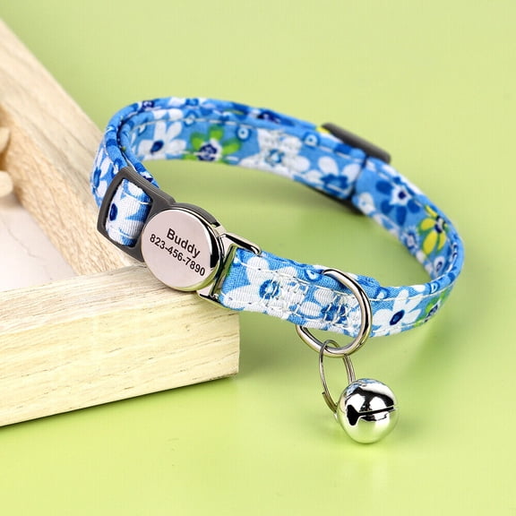 Didog Floral Personalized Cat Kitten Collar & Bell Engraved Name ID Tag for Small Dogs