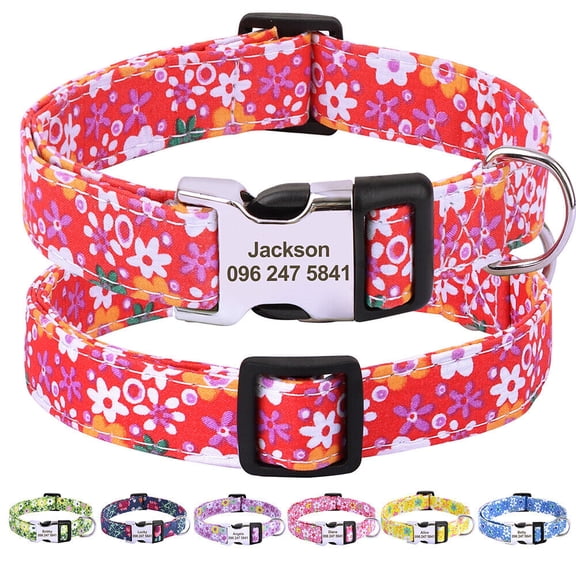 Didog Floral Personalized Dog Collar Soft Padded Nylon with Custom Engraved ID Buckle