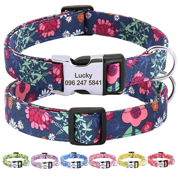 Didog Floral Personalized Dog Collar Soft Padded Nylon with Custom Engraved ID Buckle
