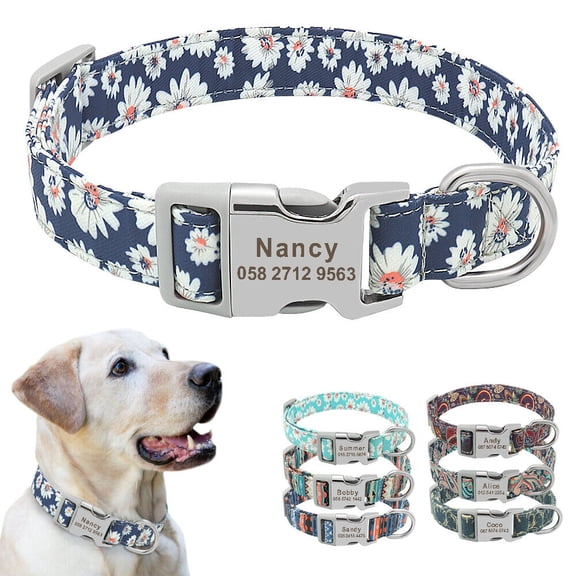 Didog Floral Personalized Nylon Dog Collar Custom Pet ID Nameplate Engraved Free S M L